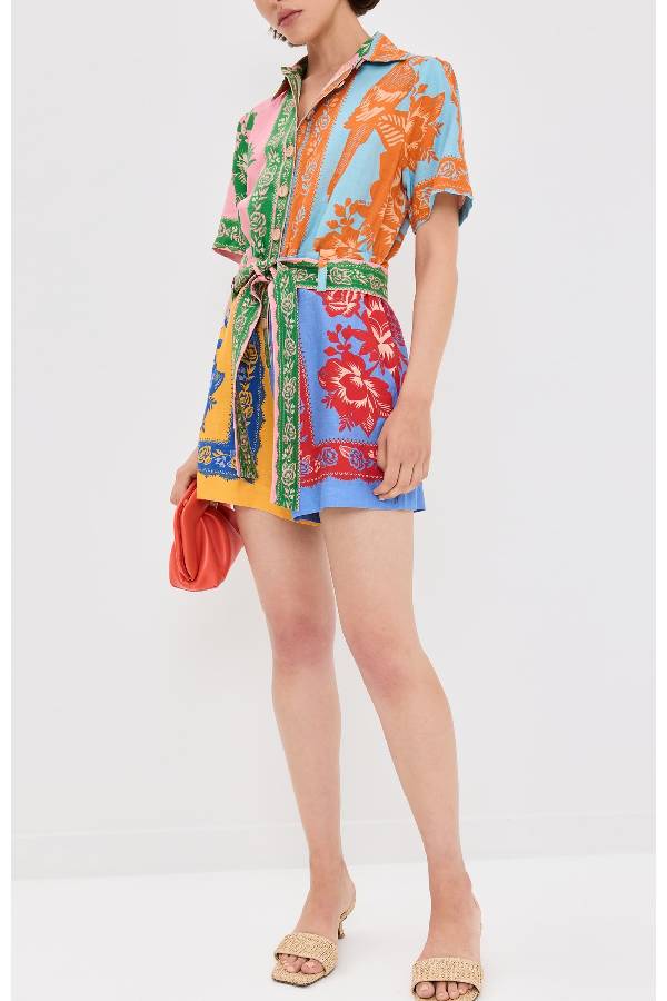 Combinaison en lin mélangé avec ceinture nouée et imprimé foulard en dentelle