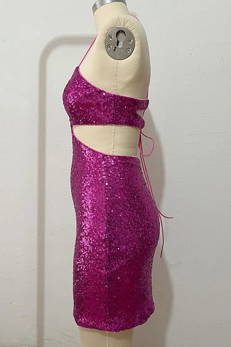 Tiefer V-Ausschnitt, gebunden, rückenfrei, Pailletten, Ausschnitt, figurbetont, Geburtstagsparty, Slip-Minikleider