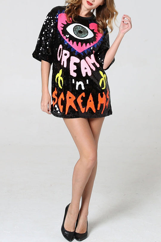 Lockeres T-Shirt mit Pailletten und Love Eyes Letters, Rundhalsausschnitt, kurzen Ärmeln und mittlerer Länge