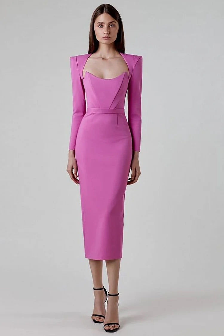 Robe mi-longue moulante blanche unie à col irrégulier et manches longues