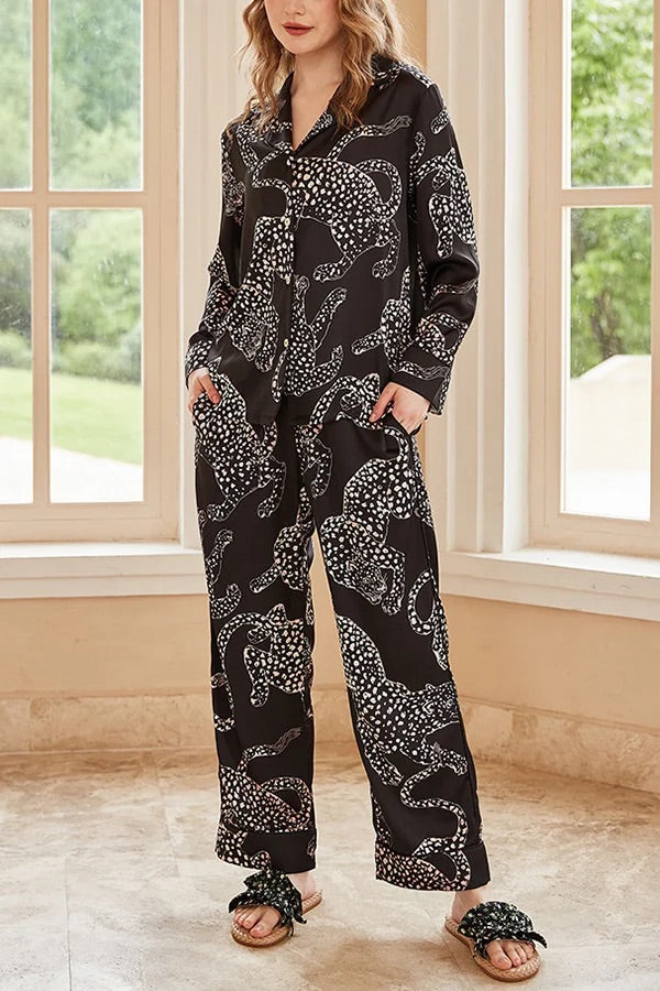 Schwarzes, langärmliges Home-Zweiteiler-Set mit Jaguar-Print