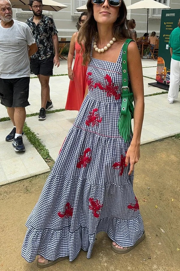 Robe longue d'été amusante à carreaux et imprimé homard, col carré et superpositions
