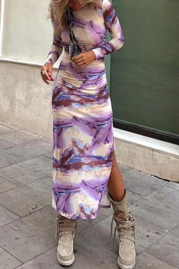 Delano Mesh-Midikleid mit Aquarelldruck, langen Ärmeln, gerüschtem Stretch-Schlitz