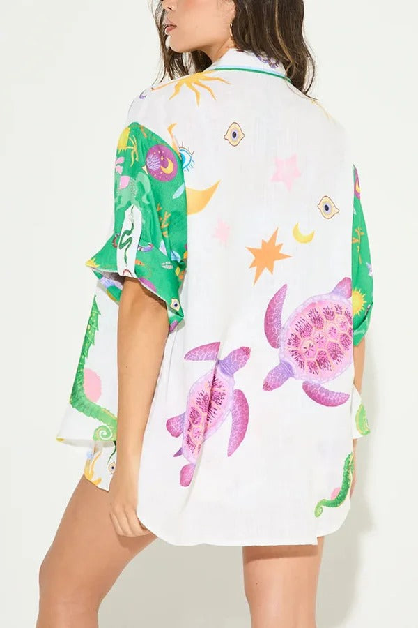 Ensemble très attendu en mélange de lin, chemise ample à boutons et imprimé unique, et short à poches à taille élastique