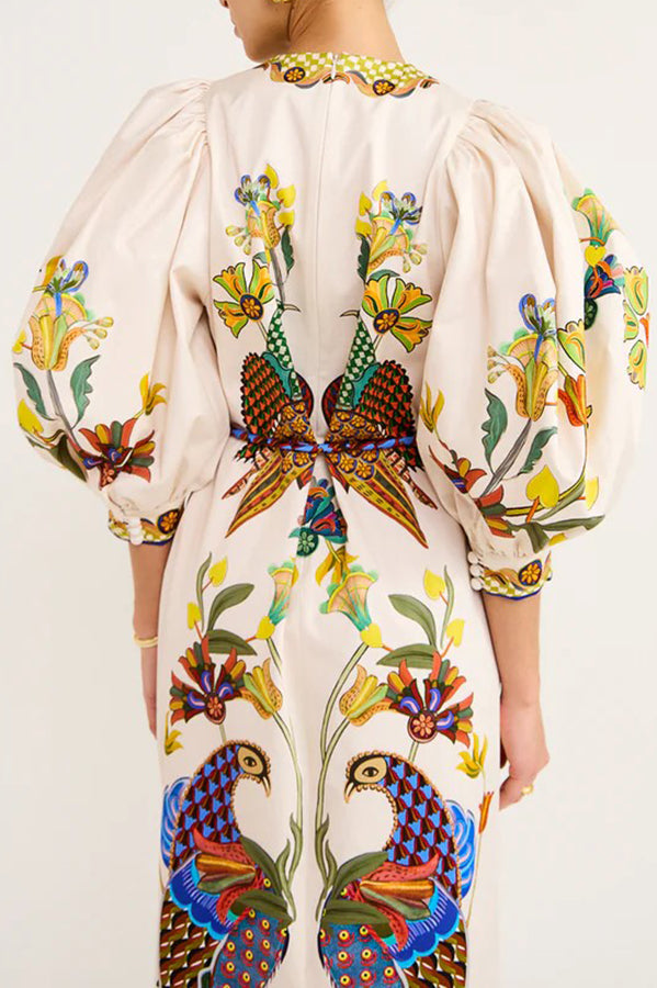 Garden Party Unique – Lockeres Midikleid mit Puffärmeln und Vogelprint im Heaven-Stil