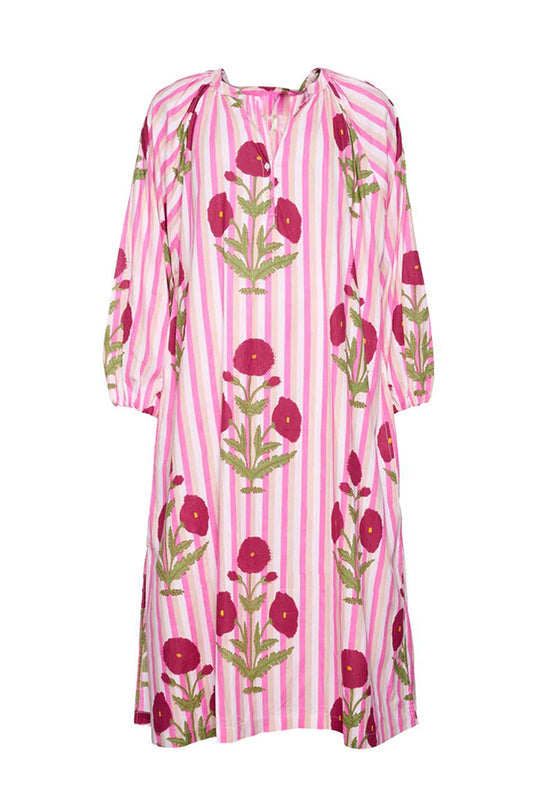 Kaftan-Midikleid aus Leinenmischung mit Blumen- und Streifenmuster, Knopfleiste, Gürtel und Taschen