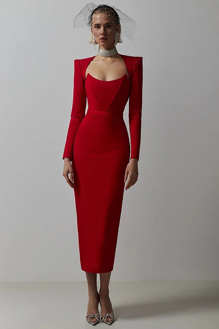 Robe mi-longue moulante blanche unie à col irrégulier et manches longues