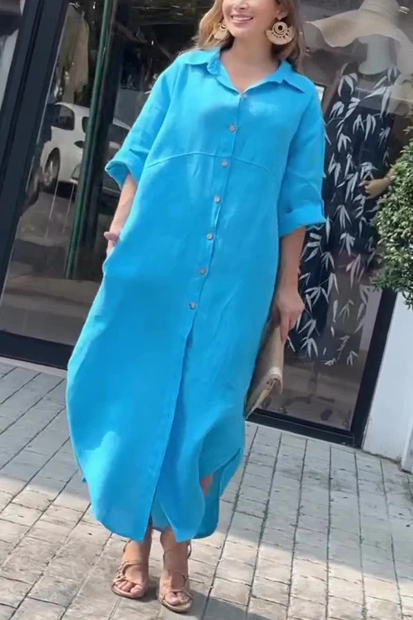 Einfarbiges Maxikleid aus Leinenmischung mit langen Ärmeln und geknöpften, weiten Taschen