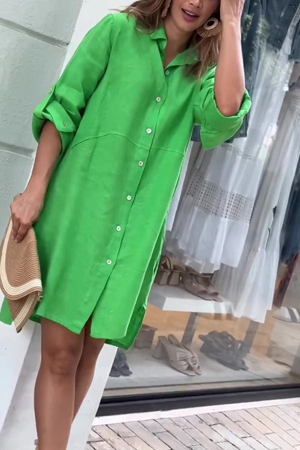 Einfarbiges, langärmliges Minikleid im Button-Down-Hemdstil aus Leinenmischung