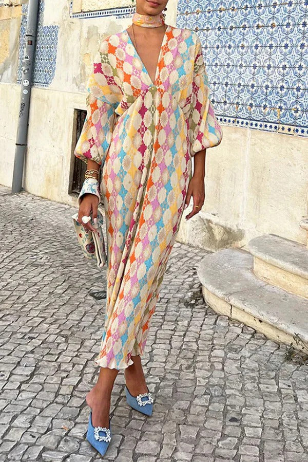 Wunderschönes, farbenfrohes Kimono-Midikleid mit Puffärmeln im Sunshine-Stil mit einzigartigem Print