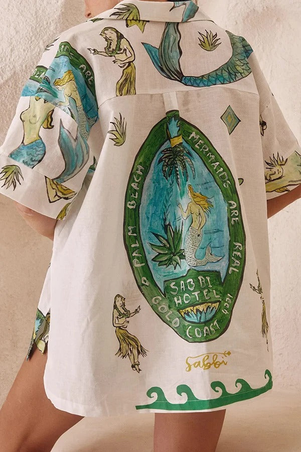 Set aus Hemdoberteil aus Leinenmischung mit Meerjungfrauen-Print und lockeren Shorts mit elastischem Bund