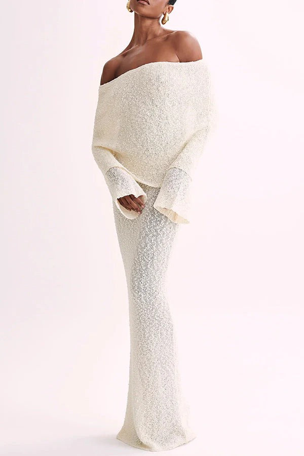 Marisol – Schulterfreies, drapiertes Maxikleid aus geripptem Bouclé-Material mit Stretchanteil für den Urlaub