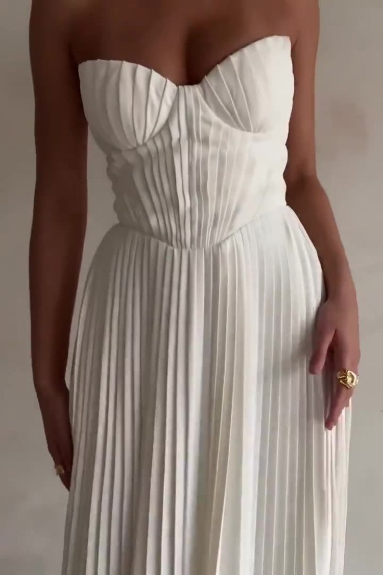 Strapless Cinch Waist Pleated Maxi Dresses