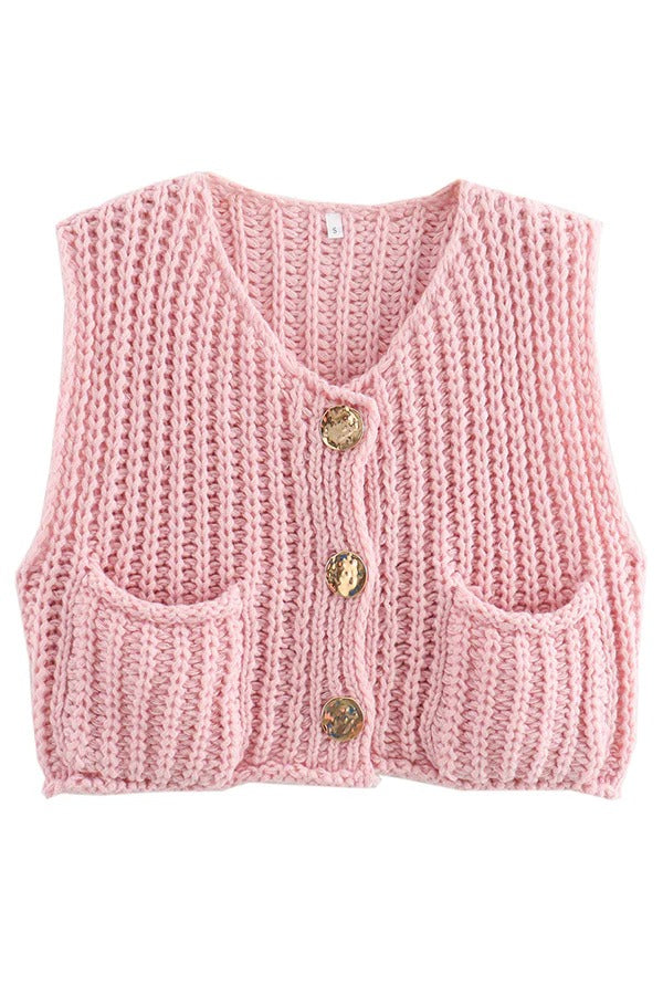 Einfarbige ärmellose Strickweste mit Tasche