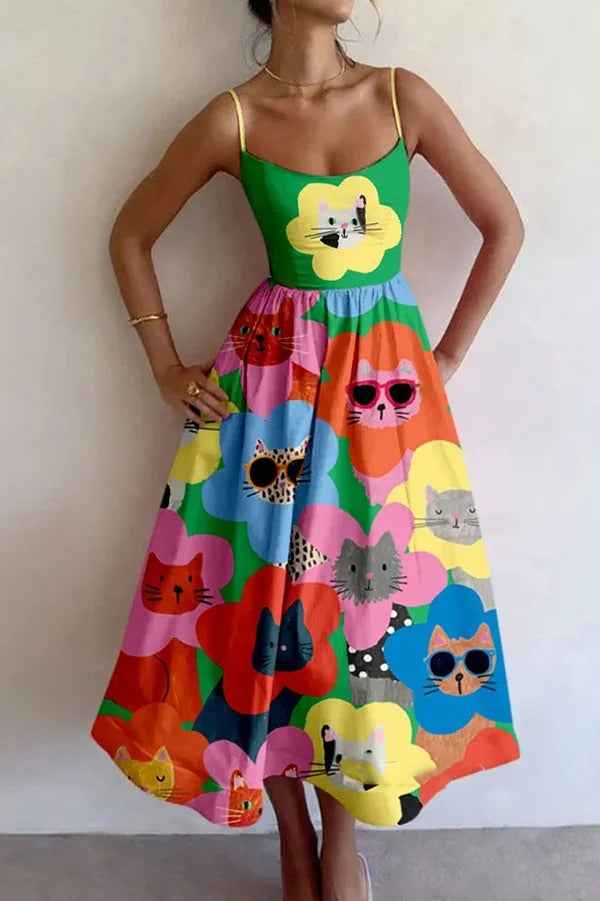 Buntes, einzigartig bedrucktes, sexy, schmales Midikleid mit Hosenträgern