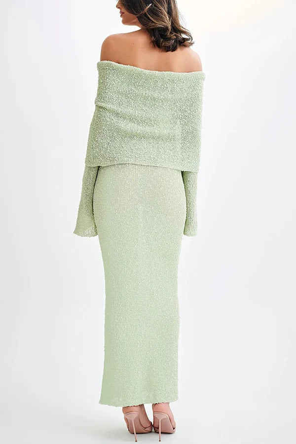 Marisol – Schulterfreies, drapiertes Maxikleid aus geripptem Bouclé-Material mit Stretchanteil für den Urlaub