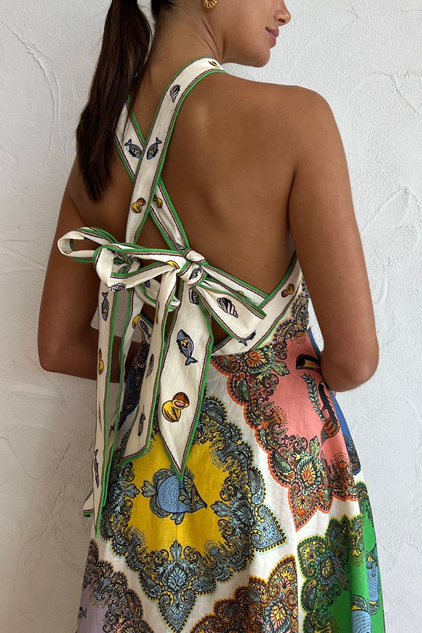 Ocean Legend – Neckholder-Midikleid aus Leinenmischung mit Meerjungfrauen-Print und Bindeband