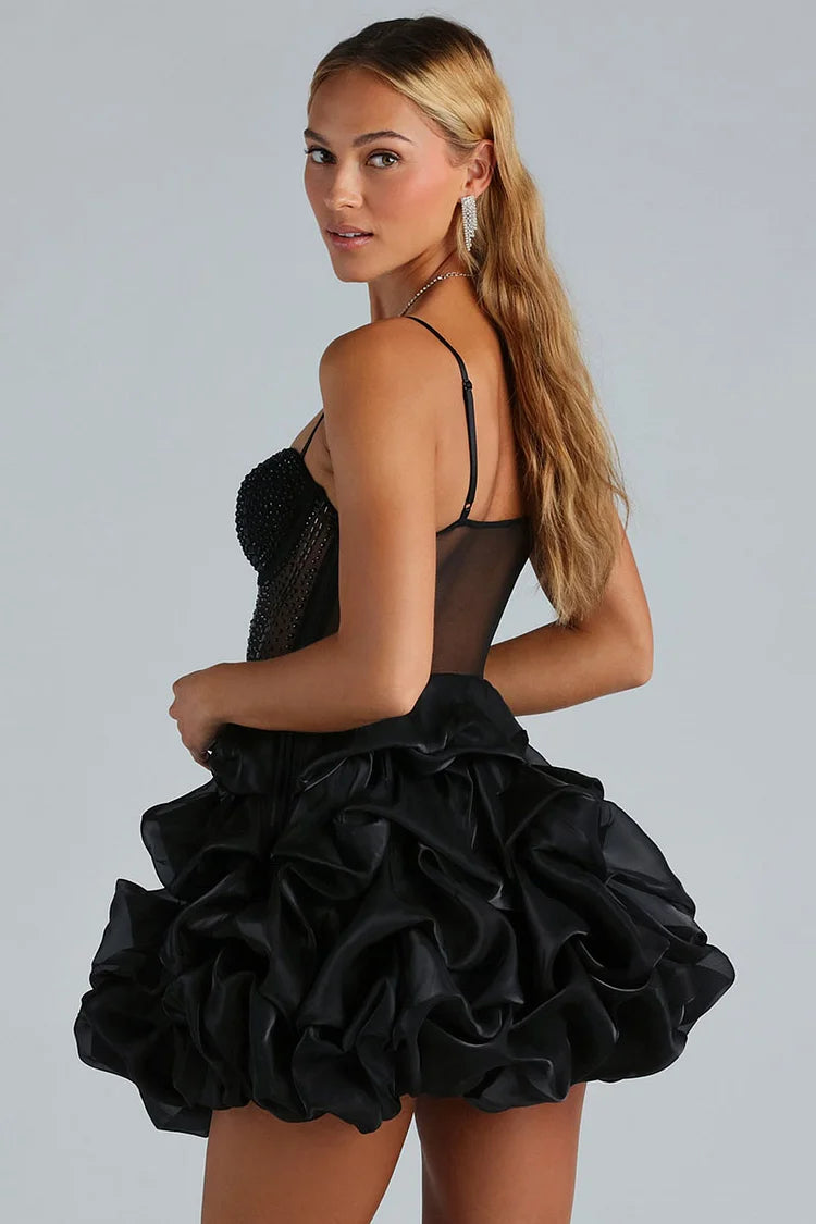 Strass Cami Korsett A-Linie Blütenblatt Saum Geburtstag Party Mini Kleider-Schwarz