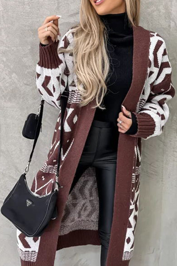 Kontrastierender Jacquard-Cardigan ohne Knöpfe mit langen Ärmeln