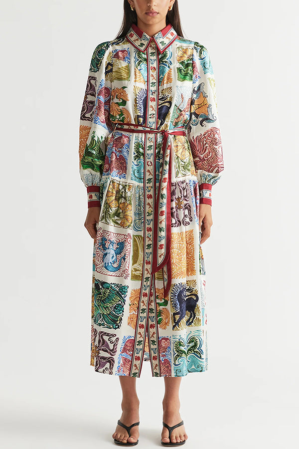 Wond A Land – Midikleid mit einzigartigem Print, Ballonärmeln, Gürtel und Taschen