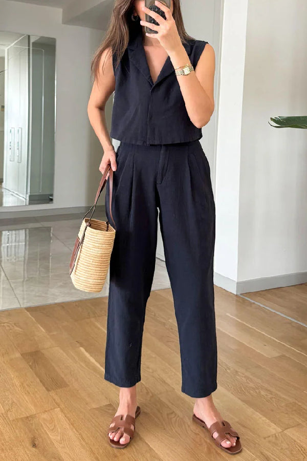 Ensemble deux pièces décontracté en coton et lin avec gilet et pantalon à revers uni