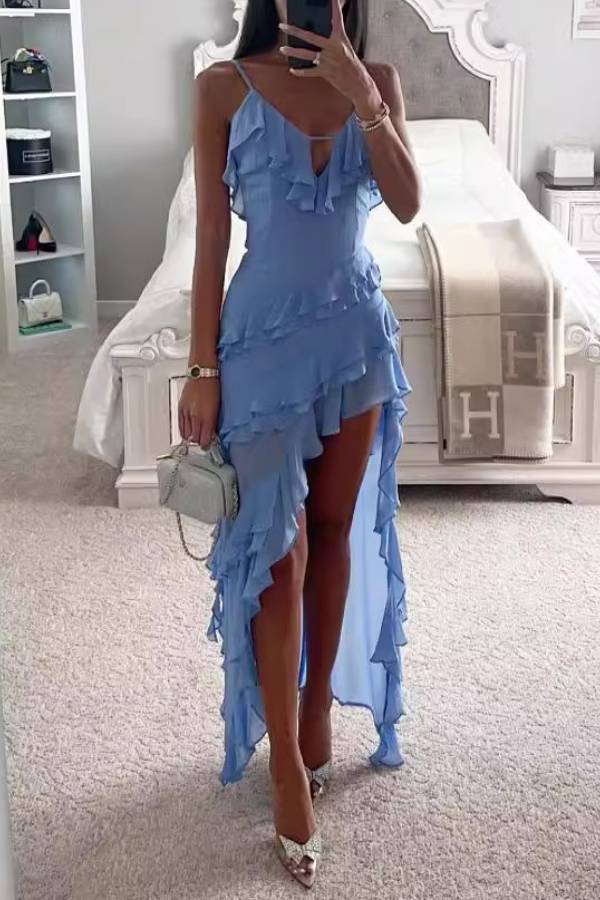 Blue V-Neck Ruffle Asymmetric Hem Cami Dress