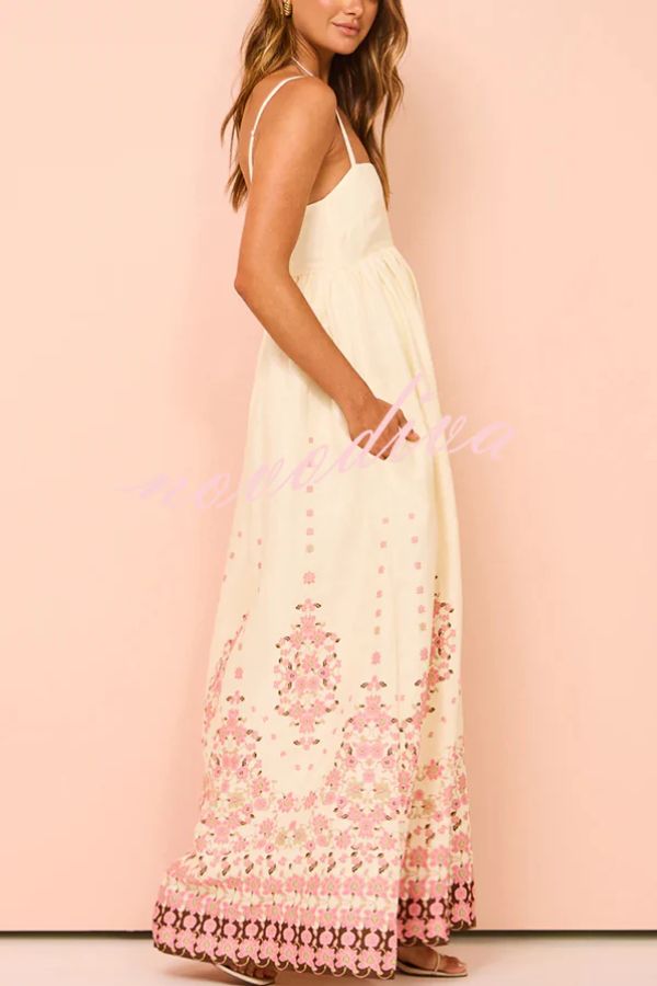 Paradise Flowers – Lockeres Maxikleid aus Leinenmischung mit einzigartigem Druck und Taschenträgern