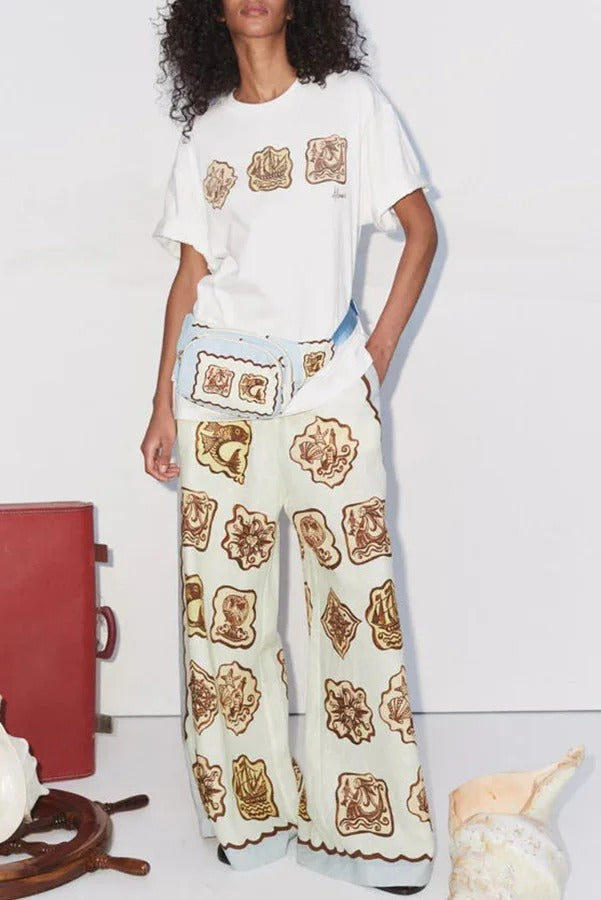 Lakeside Breeze – Hose aus Leinenmischung mit einzigartigem Druck und elastischer Taille und Tasche mit weitem Bein