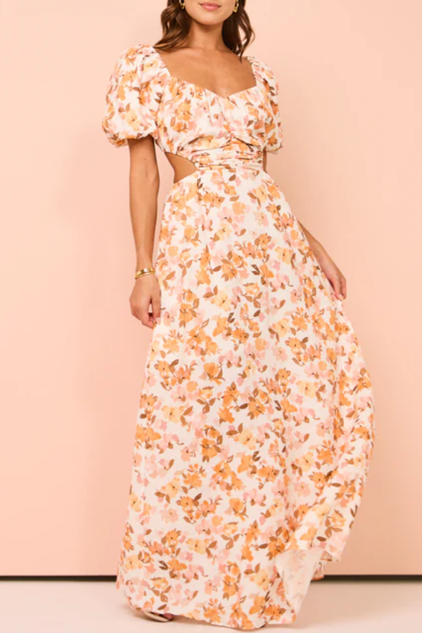 Elastische Puffärmel, plissierte Taille hinten, hohl, süßer langer Rock