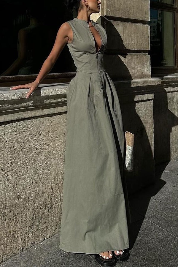 Robe longue élégante sans manches à col en V et fermeture éclair