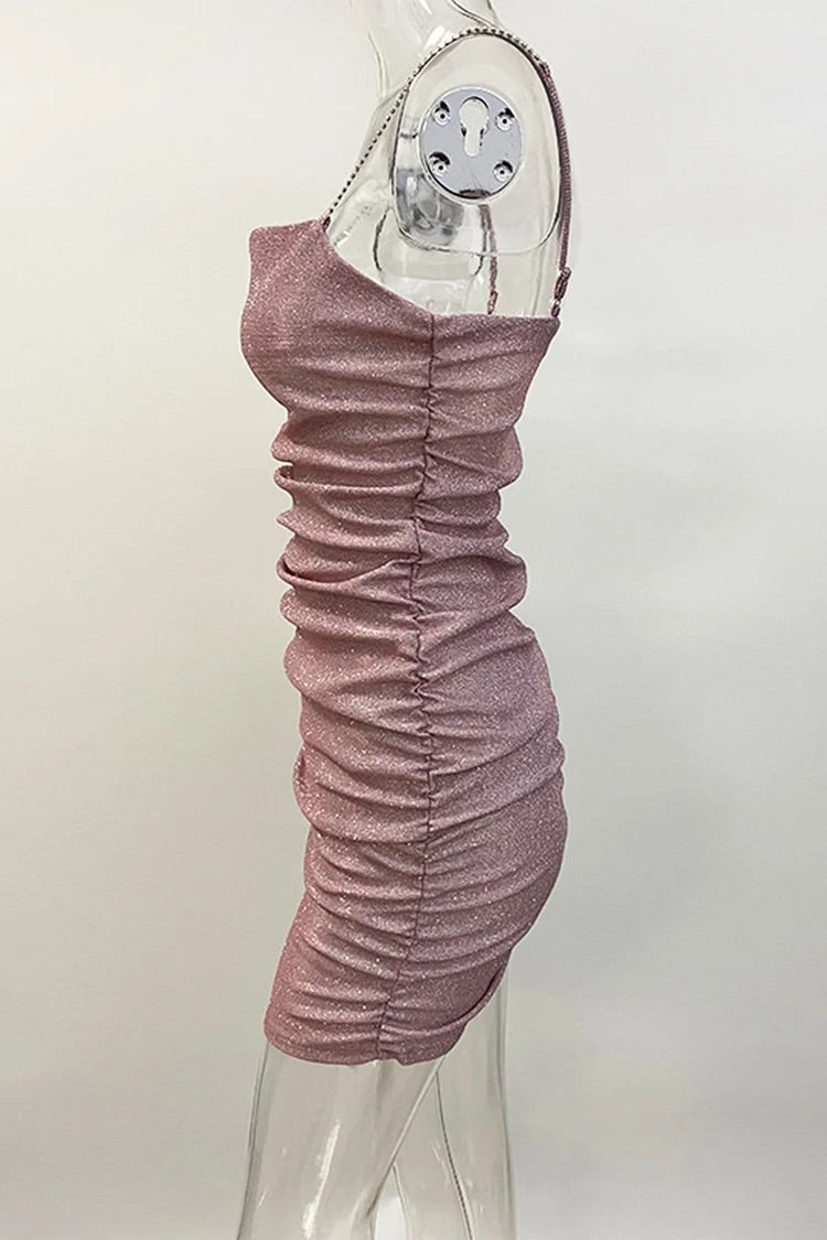 Strass Cami Boot-Ausschnitt Geraffte Pailletten Geburtstagsparty Bodycon Minikleider