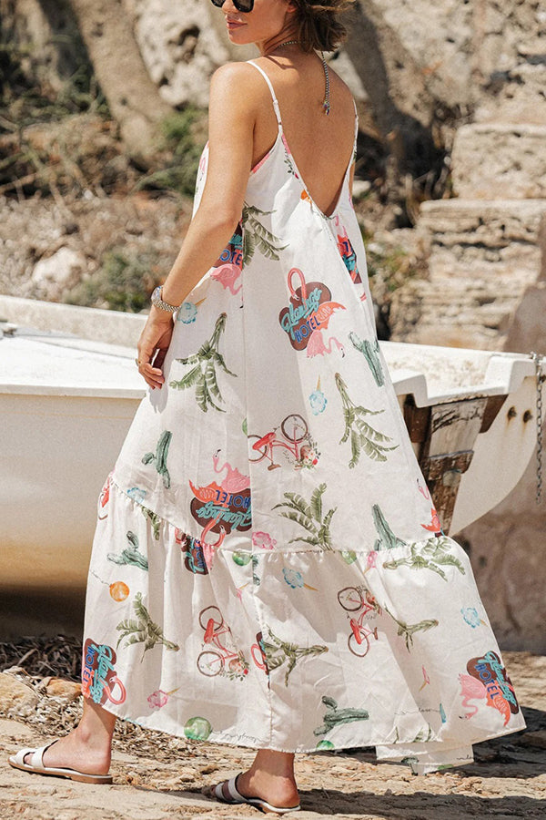 Sommermode Einzigartiger Druck Rundhalsausschnitt Strapse Rückenfreies Midikleid