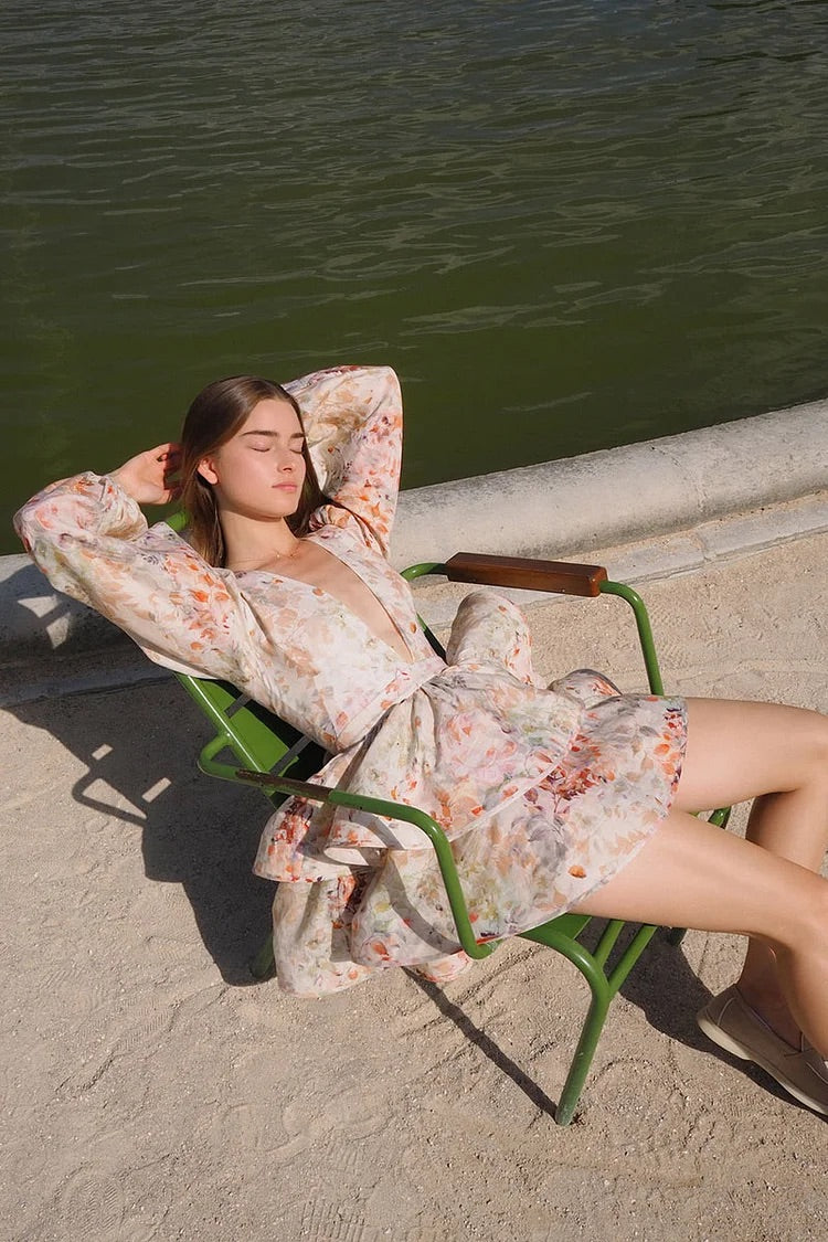 Mini-robes de soirée à volants, imprimé floral, col en V, manches ballon