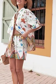 Sun Kiss Set aus Leinenmischung mit einzigartigem Druck, lockerem Hemd mit Knöpfen und Shorts mit elastischer Taille und Tasche