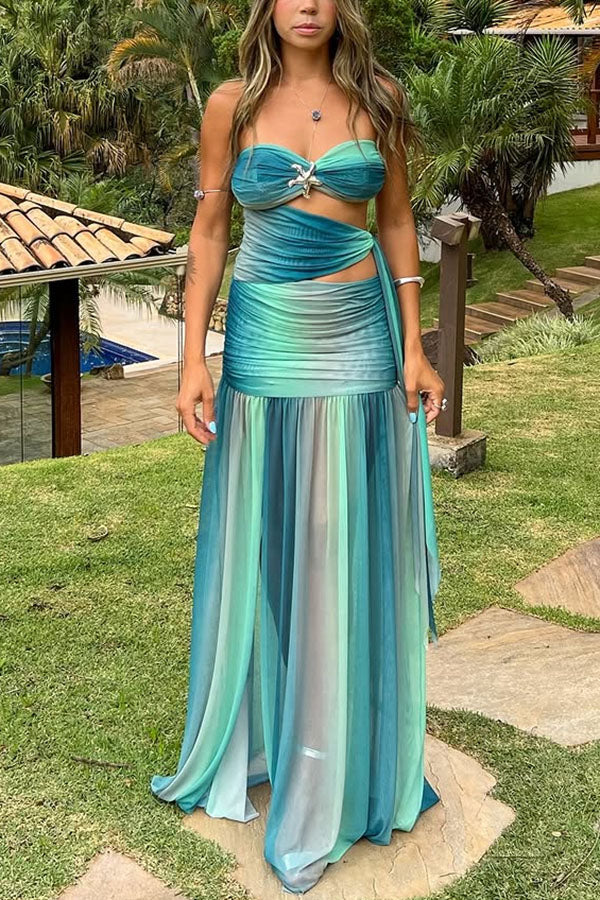 Robe longue à épaules dénudées et volants en maille imprimée étoiles de mer Soleil