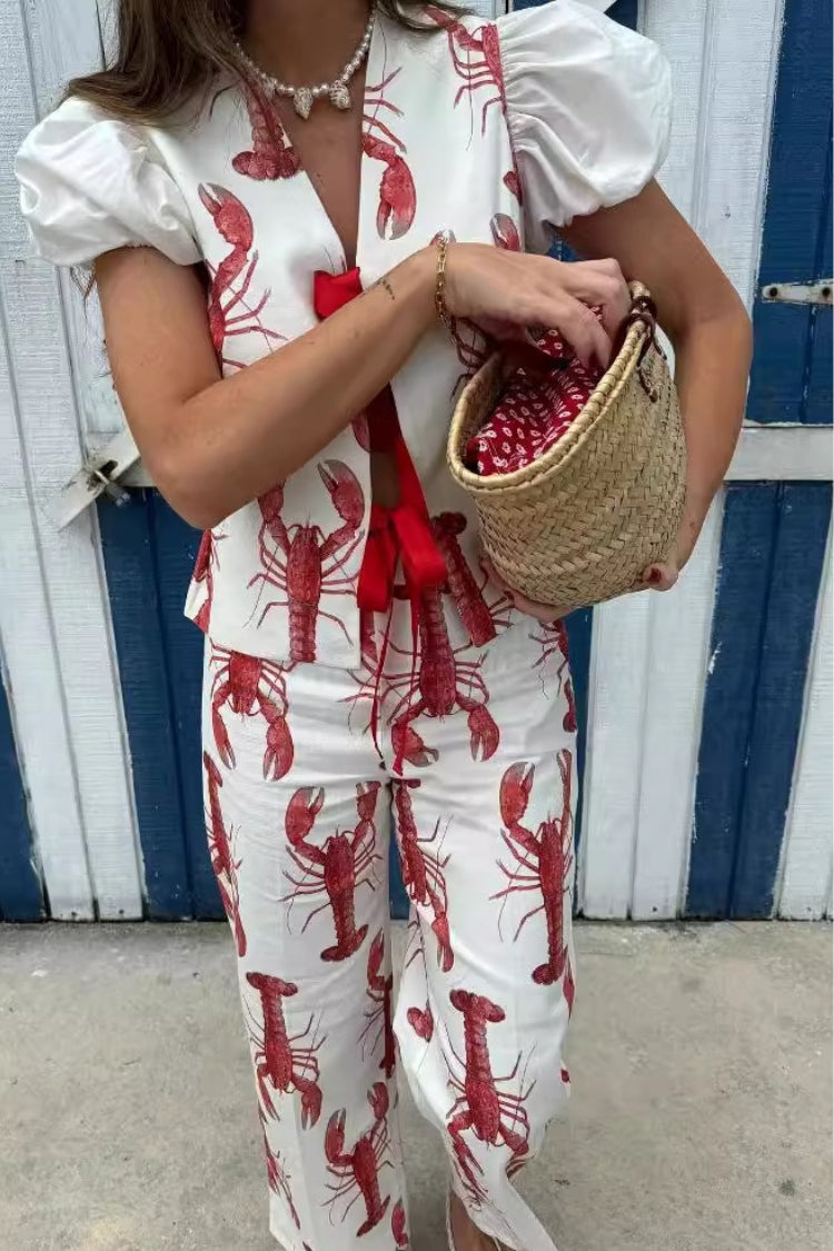 Chemise ample à manches bouffantes et imprimé homard Fun Vacation