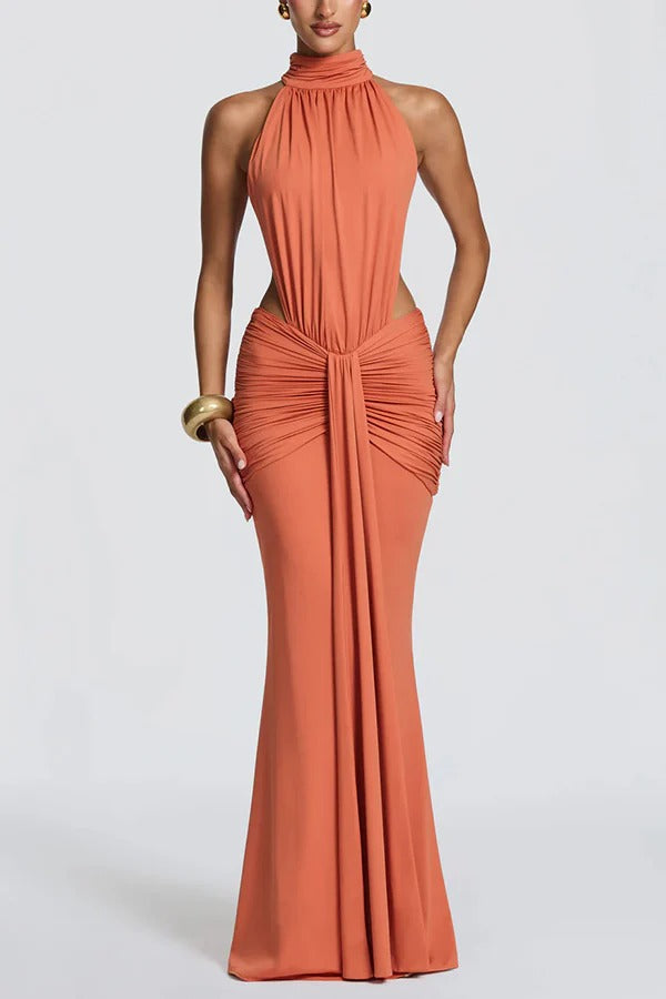 Thekla Stretch Slinky Jersey High Neck Ruched Backless Drape Maxi Dress