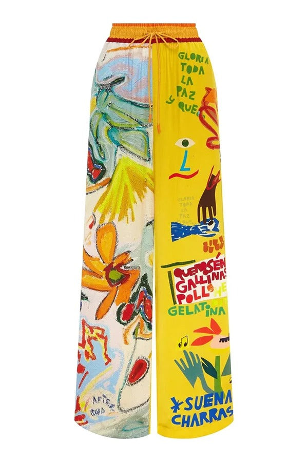 Raina Satin Set mit einzigartigem Print, kurzärmeligem, lockerem Hemd und Hosen mit elastischer Taille und Taschen