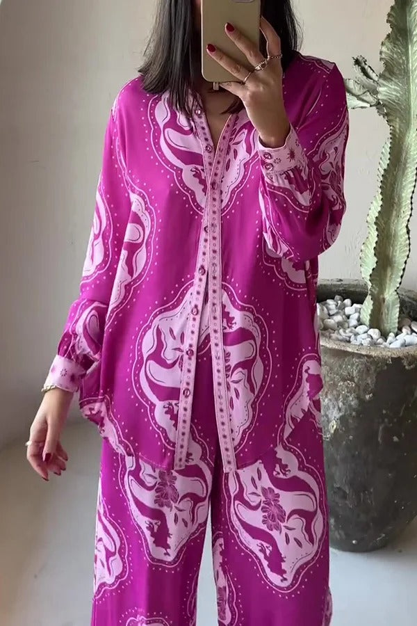 Ensemble chemise surdimensionnée à manches longues et pantalon à taille élastique à imprimé unique Elliot