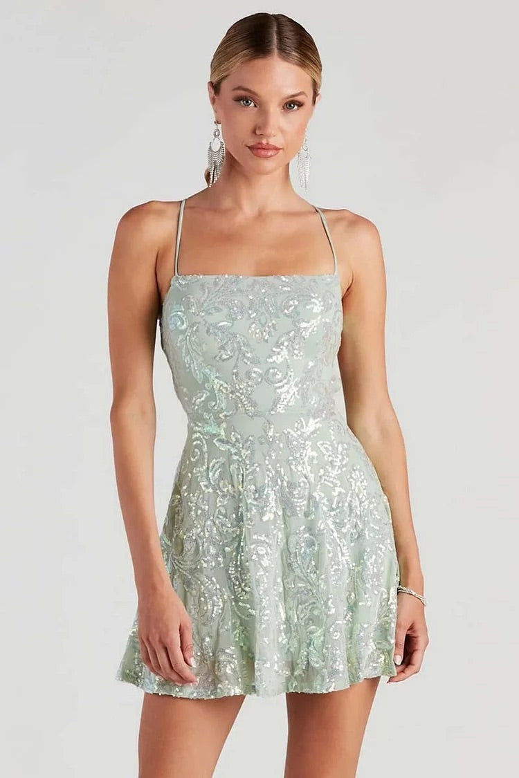 Rückenfreies A-Linien-Minikleid mit Blumen-Pailletten-Trägern für die Gartenparty