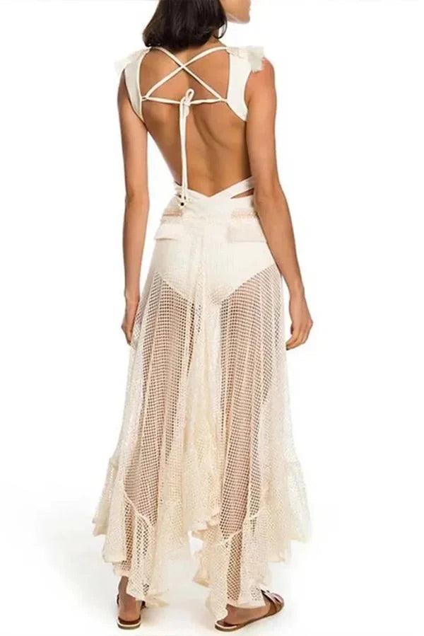 Jupe de plage sexy en maille transparente et dentelle