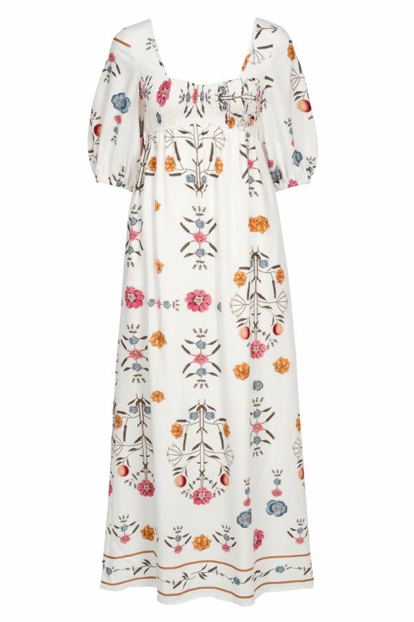 Robe longue à col carré et manches bouffantes et buste élastique