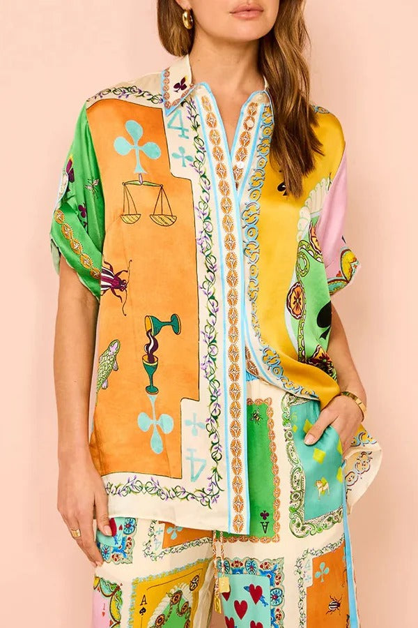 Lustige Poker Sommer Satin Einzigartiger Druck Button Down Oversize Bluse