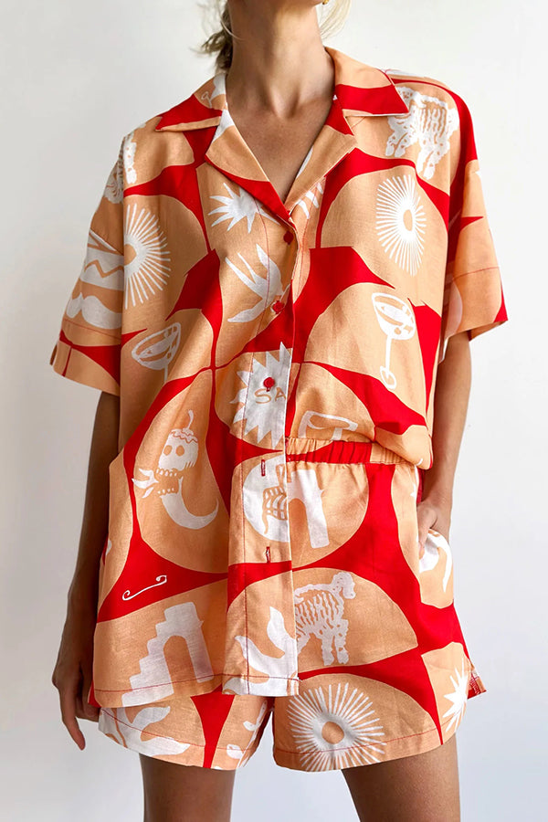 Set aus einzigartig bedrucktem Hemdoberteil aus Leinenmischung und lockeren Shorts mit Taschen und elastischer Taille