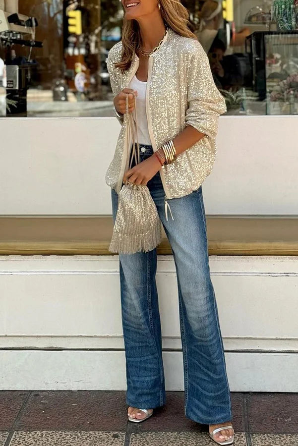 Manteau décontracté ou de fête à manches longues zippé à paillettes Star Kisses