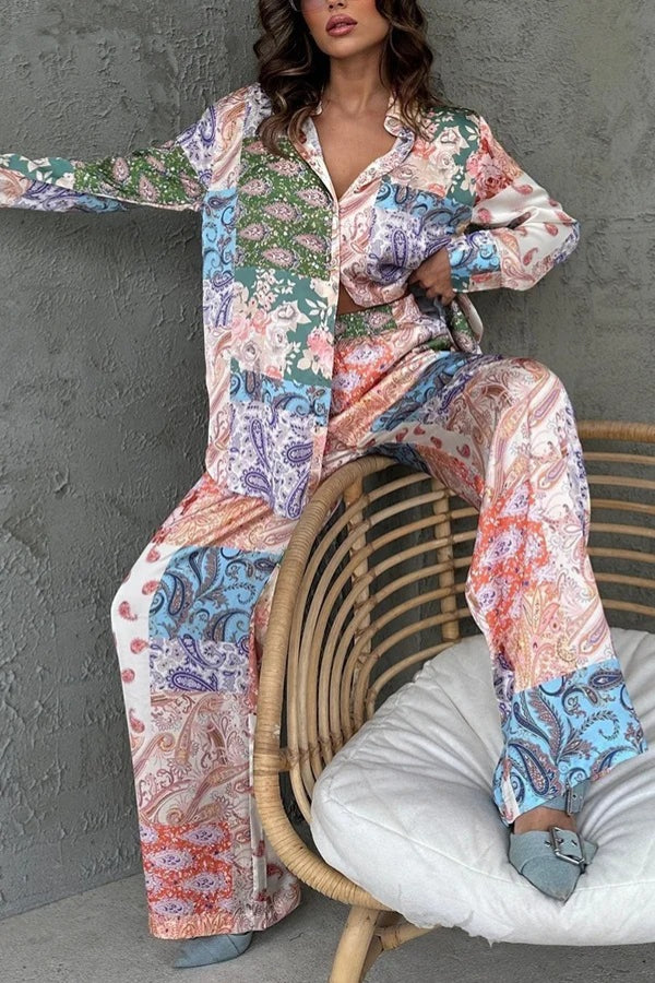 Einzigartiges Set aus Langarmhemd mit ethnischem Aufdruck und Hose mit elastischer Taille