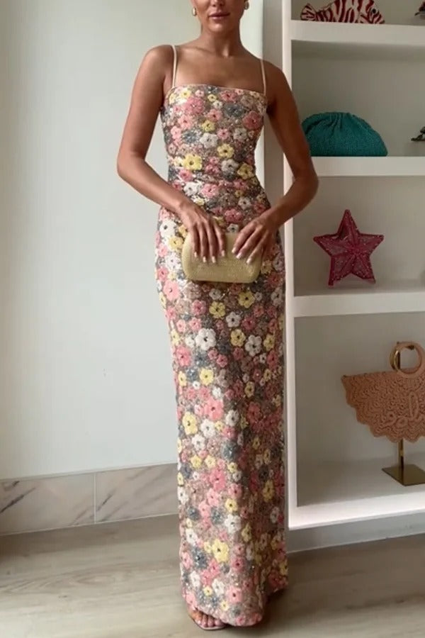 Stretch-Maxikleid im 80er-Jahre-Stil mit Blumenmuster, Pailletten und quadratischem Ausschnitt