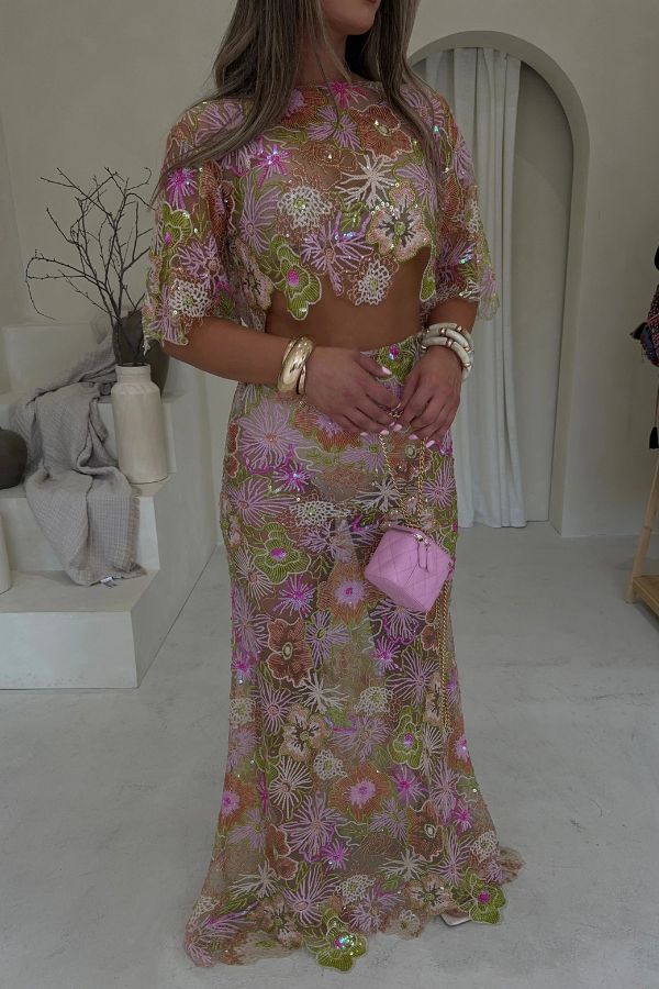 Fashionable Embroidered Flower Sequined Crop Top and Elegant Sheer Maxi Skirt Set