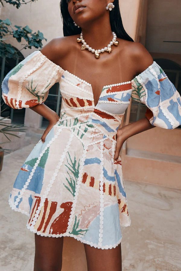 Minikleid mit Puffärmeln und Besatz aus Leinenmischung