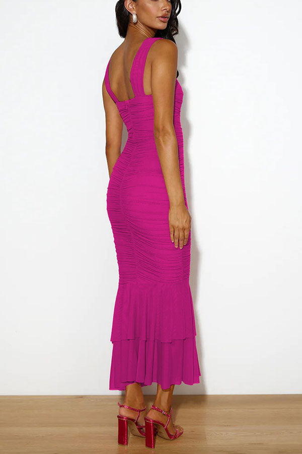 Einfarbiges, plissiertes Meerjungfrauenkleid mit hoher Taille